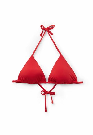 Red bikini top with a triangle design, adjustable straps, and a tied closure at the back. Made from smooth, elastic fabric.