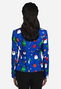 Blue blazer with festive patterns including Santa faces, Christmas trees, and snowflakes; features a tailored fit and structured design.