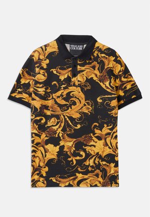 Svart polo skjorte med et livlig gult og brunt svirrende blomstermønster, med klassisk krage og tre knapper.