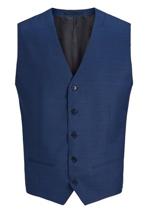 Tamsiai mėlynas vilnonis liemanė su penkiais mygtukais, V formos iškirpte ir dviem priekiniais kišenėmis. Lygus tekstūro ir pritaikytas modelis su kontrastine juoda pamušalu.