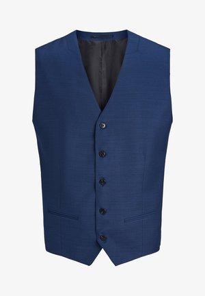 Marineblauw wollen vest met vijf knopen, V-hals en twee voorzakken. Gladde textuur en getailleerde pasvorm met een contrasterende zwarte voering.