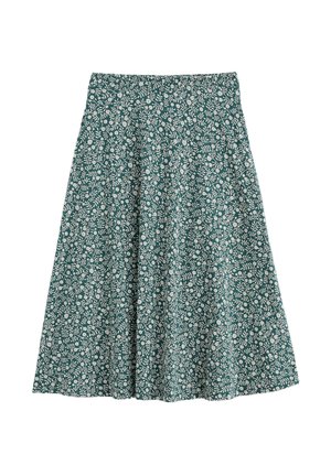 Rohelise värvi A-lõikeline seelik valgete lille- ja lehemustritega, elastse vöökohaga, põlvpikkune, kerge kangas.