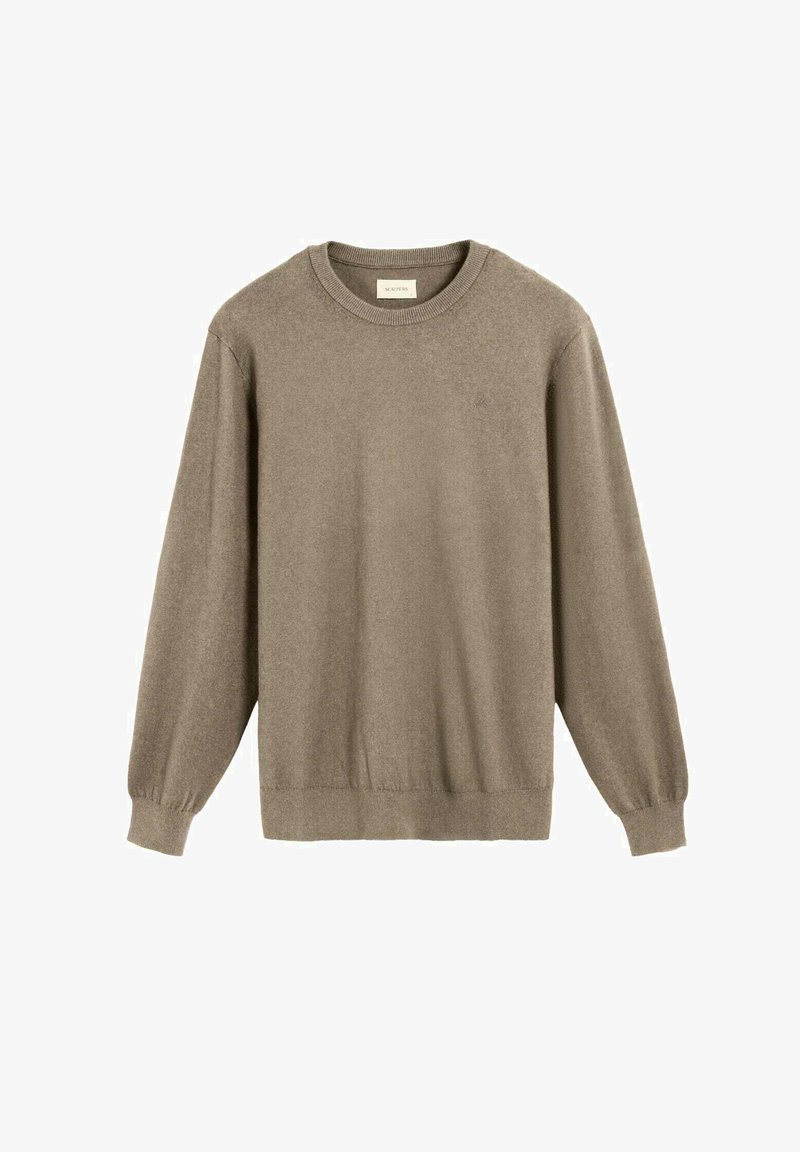 Pull en maille beige à manches longues, col rond côtelé et ceinture ; texture douce avec un design simple et épuré. Logo subtil à l'avant.