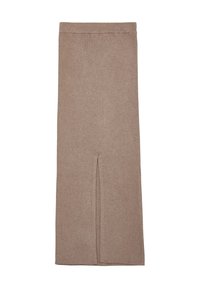 Jupe crayon en tricot côtelé de couleur beige, affichant un design mi-long et une fente frontale pour faciliter les mouvements. Texture lisse et forme ajustée.