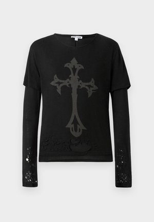 Black long-sleeve shirt with short-sleeve overlay, featuring a large gray cross design and distressed accents near the hem and sleeves.
