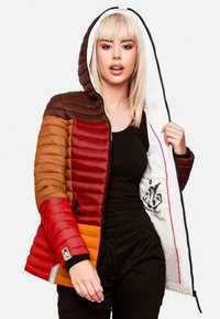 Padded jacket with a hood featuring red, brown, and orange color blocks. It has a front zipper, ribbed cuffs, and an inner printed design.