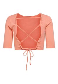 Peach-colored cropped cardigan with three-quarter sleeves. Features a tie closure at the waist and a crisscross cut-out design on the back.