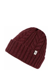 Maroon knitted beanie featuring a cable pattern and ribbed brim. Made of soft yarn, it includes a small label on the side.