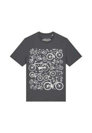 Dark grey T-shirt with a white graphic pattern of various bicycle illustrations covering the front.