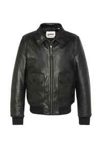 Giubbotto bomber in pelle nera con zip frontale, due tasche anteriori, polsini e colletto a costine. Texture liscia e design minimalista.