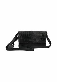 Borsa a tracolla nera Burkely con motivo coccodrillo testurizzato e tracolla regolabile, forma rettangolare con chiusura a pattina anteriore.