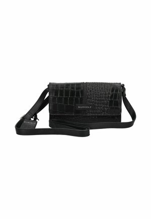Borsa a tracolla nera Burkely con motivo coccodrillo testurizzato e tracolla regolabile, forma rettangolare con chiusura a pattina anteriore.