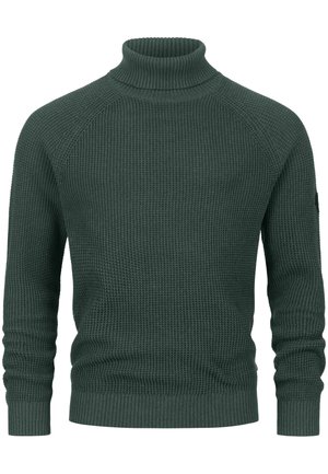 Maglione a collo alto lavorato a maglia di colore verde scuro con motivo testurizzato, polsini e orlo a coste. Presenta una silhouette leggermente aderente.