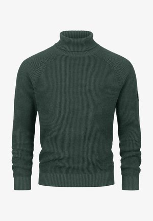 Maglione a collo alto lavorato a maglia di colore verde scuro con motivo testurizzato, polsini e orlo a coste. Presenta una silhouette leggermente aderente.