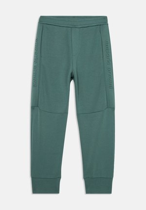 Green sweatpants made of soft material, featuring a ribbed waistband and cuffs, with embossed logo detail on the side.