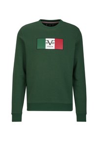 Grüner Baumwollpullover mit langen Ärmeln, Rundhalsausschnitt und einer rechteckigen Grafik mit der italienischen Flagge und "1969 ITALIA."