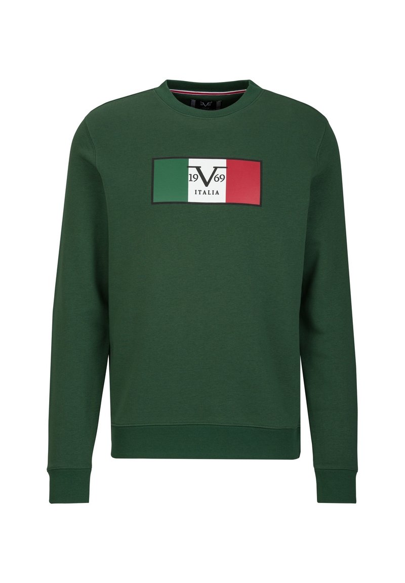 Grüner Baumwollpullover mit langen Ärmeln, Rundhalsausschnitt und einer rechteckigen Grafik mit der italienischen Flagge und "1969 ITALIA."