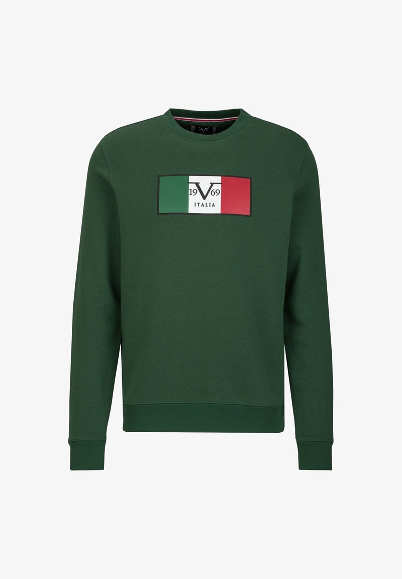 Grüner Baumwollpullover mit langen Ärmeln, Rundhalsausschnitt und einer rechteckigen Grafik mit der italienischen Flagge und "1969 ITALIA."
