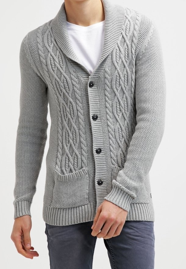 Gray knitted cardigan with a shawl collar, featuring a cable-knit pattern, six buttons, two front pockets, and ribbed cuffs.