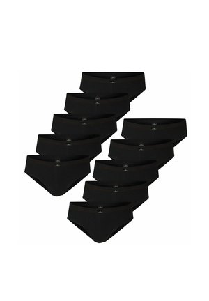 Ten pairs of plain black men's briefs arranged in a staggered grid on a white background.