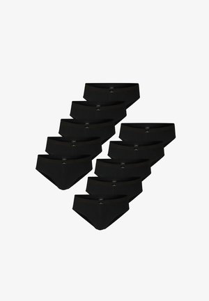 Ten pairs of plain black men's briefs arranged in a staggered grid on a white background.