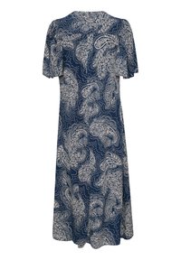 Abito blu navy con motivo paisley bianco, maniche corte e design fino al ginocchio. Realizzato in tessuto leggero con una texture liscia.