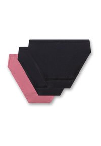Drei Unterhosen: zwei in Schwarz und eine in Pink, aus glattem Baumwollstoff mit elastischem Bund und nahtlosen Kanten.