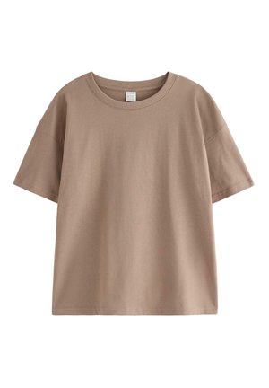 Simpel t-shirt med korte ærmer og rund hals i afdæmpet beige med en afslappet pasform, vist på en hvid baggrund.
