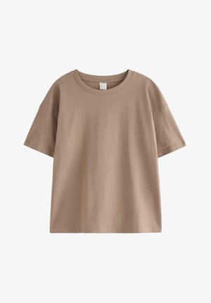 Simpel t-shirt med korte ærmer og rund hals i afdæmpet beige med en afslappet pasform, vist på en hvid baggrund.