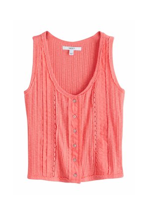 Top tricot coral fără mâneci, cu dantelă verticală și texturi cu nervuri, având șase nasturi în față și decolteu rotund.