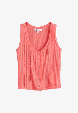 Korallowy bezrękawnik dzianiny z pionową koronką i fakturami prążkowanymi, z sześcioma guzikami z przodu i okrągłym dekoltem.