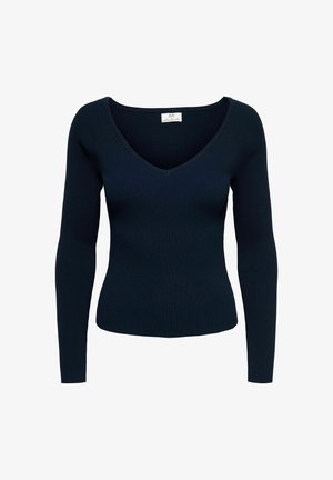 Navy blue ribbed long-sleeve top with a V-neckline, fitted design, and soft texture. Features a label sewn inside at the neckline.