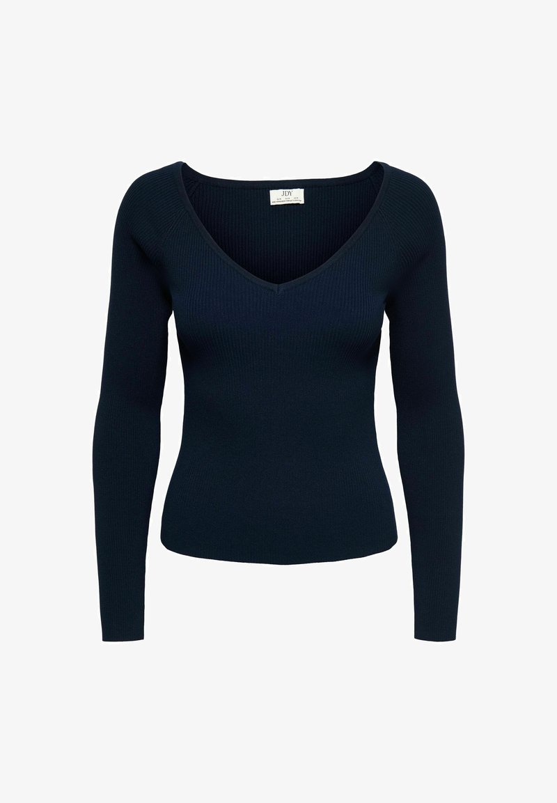 Haut à manches longues côtelé bleu marine avec encolure en V, coupe ajustée et texture douce. Comprend une étiquette cousue à l'intérieur au niveau de l'encolure.