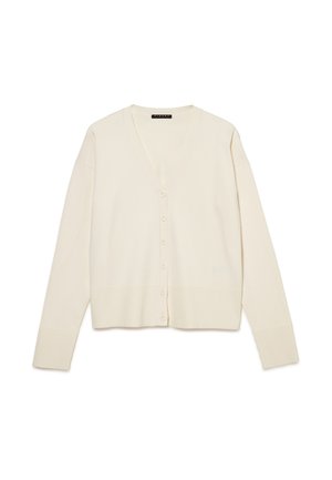 Cardigan crème à manches longues avec col en V et cinq boutons sur le devant, présenté à plat sur fond blanc.