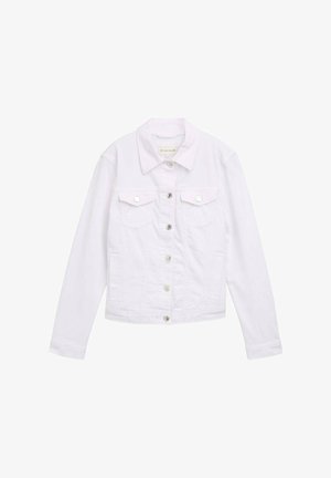 Baltā denima jaka ar garām piedurknēm, klasisku apkakli, diviem krūšu kabatām, sudraba pogu detaļām un izšūtām apdari uz priekšpuses un piedurknēm.