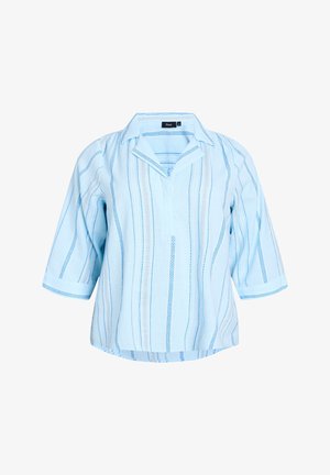 Svetlomodrá blúzka s voľným strihom, s vertikálnymi pruhmi v tmavšej modrej a bielej farbe, s golierom a trojštvrťovými rukávmi.