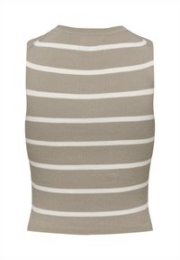 Top senza maniche in maglia con design aderente di un leggero colore beige, caratterizzato da righe bianche orizzontali. Texture morbida con finitura a coste.