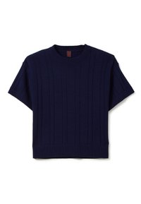 Sweater à manches courtes bleu marine avec un design côtelé, un col rond et un tissu texturé. Longueur cropped avec un ourlet inférieur ajusté.