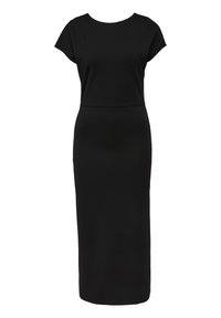 Crna uska haljina s kratkim, kap sleeves, okruglim izrezom i glatkim, teksturiranim materijalom koji pada do dužine koljena.