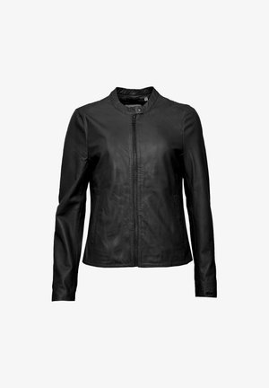 Black leather jacket with a stand collar and front zipper. Features long sleeves and two side pockets, smooth texture, and tailored fit.