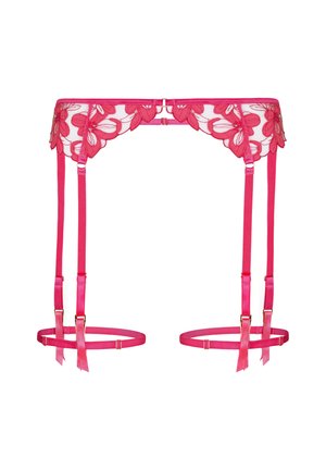 Pink lace garter belt with floral embroidery, adjustable straps, and gold-tone hardware closures on a white background.