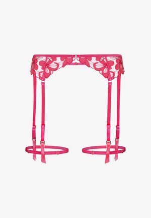 Pink lace garter belt with floral embroidery, adjustable straps, and gold-tone hardware closures on a white background.