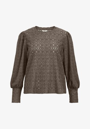 Chemise marron à manches longues avec un design en dentelle texturée, présentant des manches bouffantes et un col rond. Motif géométrique distinctif sur l'ensemble.