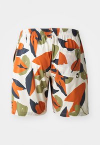 Schwimmshorts aus leichtem Material mit einem abstrakten Muster aus orangefarbenen, grünen und marineblauen Formen auf einem cremfarbenen Hintergrund, ausgestattet mit einem elastischen Bund.