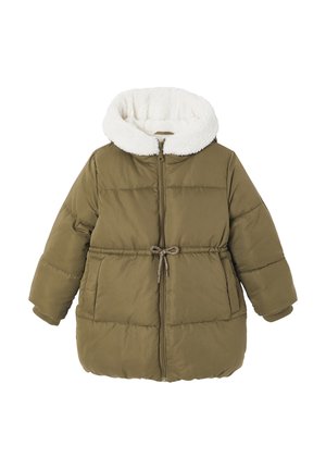 Olivengrüner gepolsterter Wintermantel mit weißem Kunstfell gefütterter Kapuze, Frontreißverschluss, Kordelzug in der Taille und Seitentaschen.