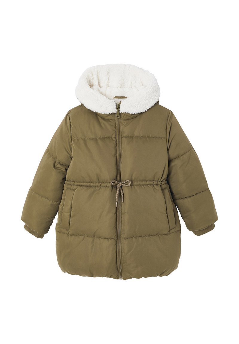 Olive green padded winter coat with white faux fur-lined hood, front zipper, drawstring waist, and side pockets.