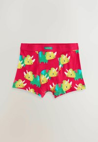 Boxer shorts rossi per ragazzi con un motivo di dinosauri cartoni animati in verde e giallo con spine bianche. Materiale in cotone morbido e cintura elastica.