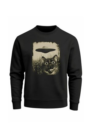 Black sweatshirt featuring a graphic of a surprised cat beneath a hovering UFO, with a textured, vintage-style print in sepia tones.