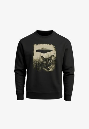 Schwarzer Sweatshirt mit einem grafischen Motiv einer überraschten Katze unter einem schwebenden UFO, mit einem strukturierten, vintage-inspirierten Druck in Sepiatönen.