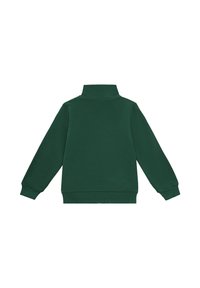 Ciemnozielona bluza z wysokim kołnierzem, ściągaczami na rękawach i w pasie. Gładka faktura, długie rękawy i prosty fason. Widok od tyłu.